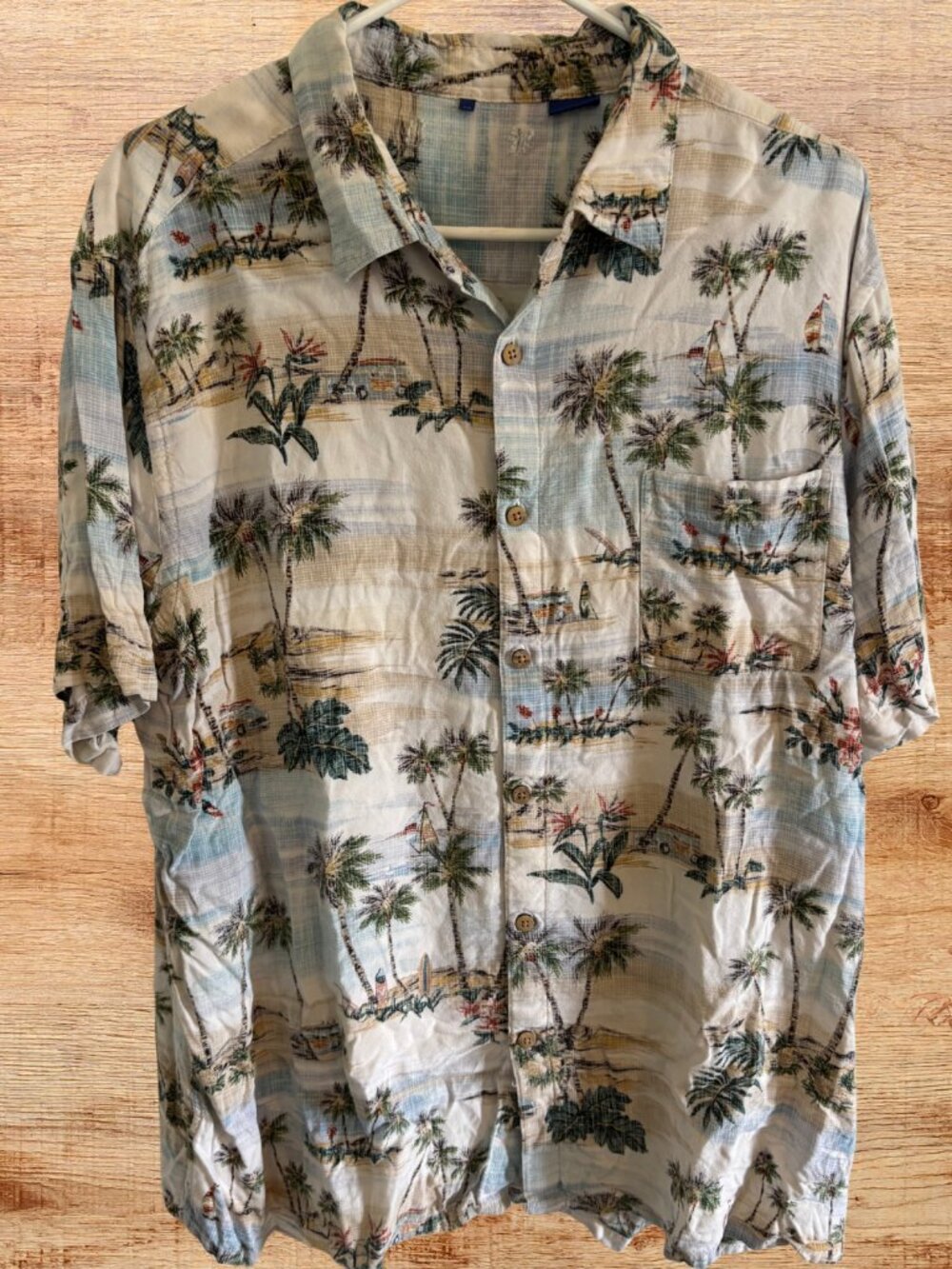 Men's Tropical Hawaiian Button-Up Shirt XXL Blue Palm Tree Rayon